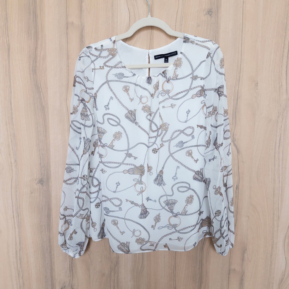 White House Black Market Womens Blouse M White Key Status Print Career Classic